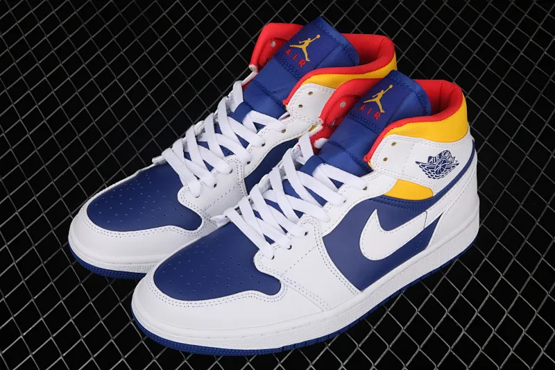 All categories Air Jordan Jordan series basketball shoes Air Jordan 1 Mid Air Jordan 1 Mid AJ1 Joe 1 mid-top white, yellow and blue color 554724-131